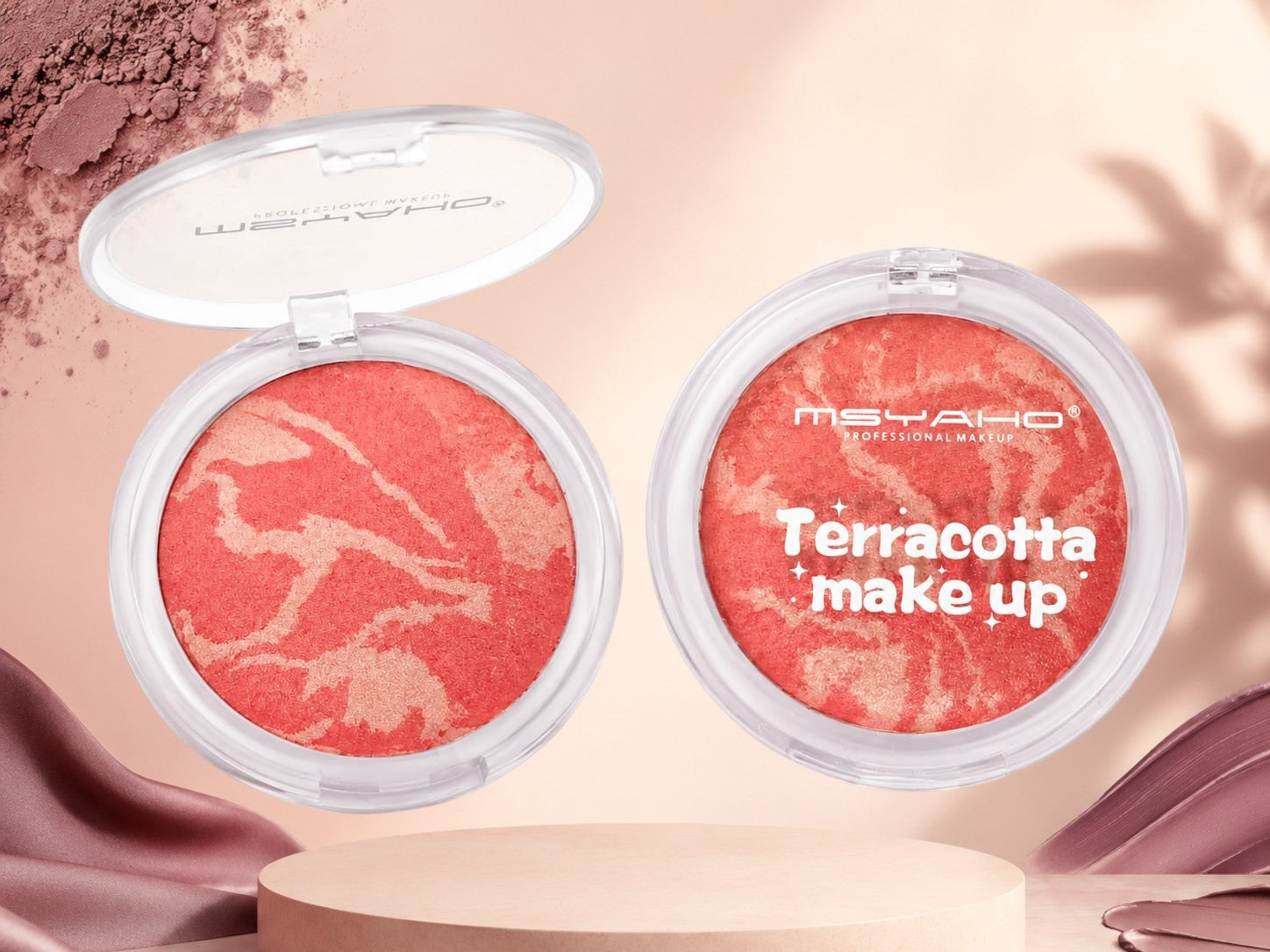 Marom MSYAHO terracotta makeup powder with a marbled coral and gold finish in a round clear compact case.