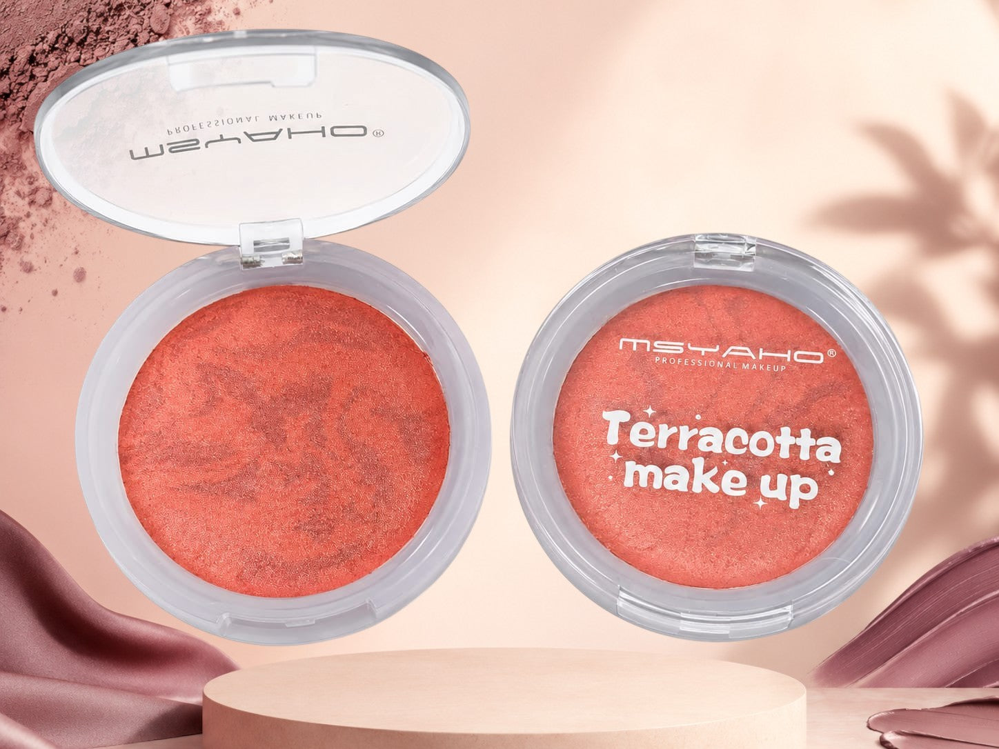 Marom MSYAHO terracotta makeup powder in a round compact with a marbled orange and bronze finish for a warm glow.