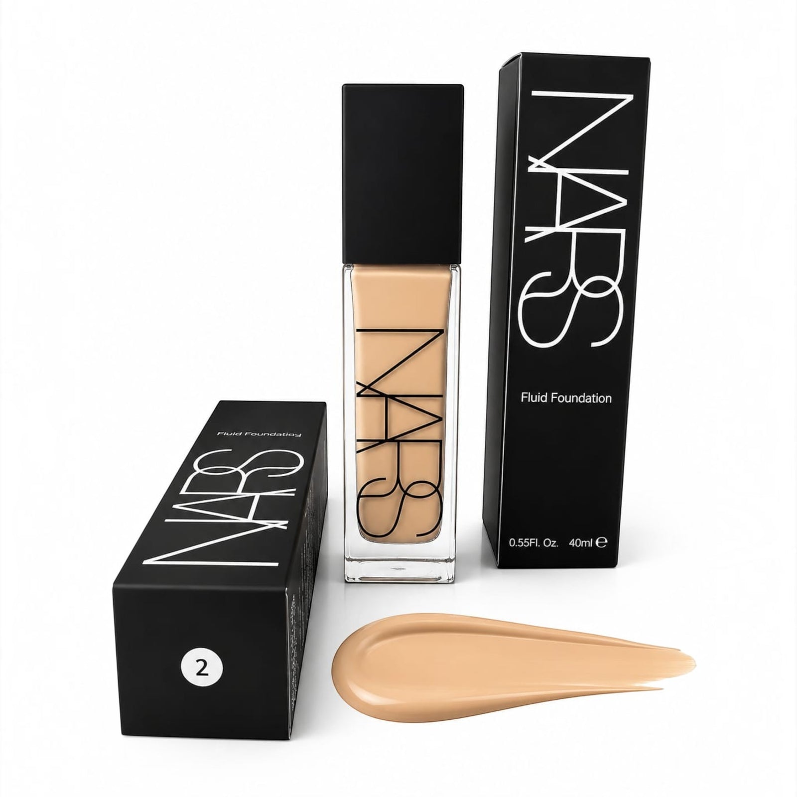 Marom NARS Natural Radiant Longwear Foundation bottle with black packaging and a swatch of liquid foundation