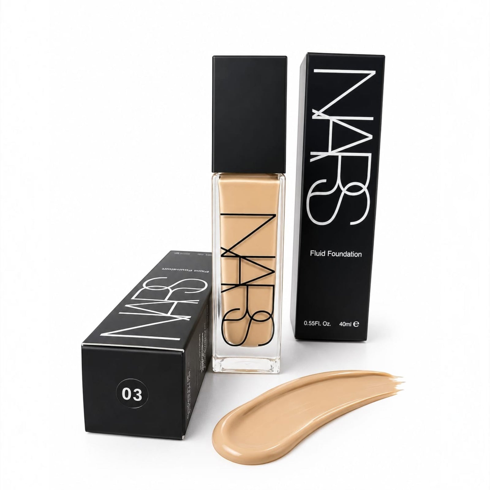 Marom NARS Natural Radiant Longwear Foundation bottle and box with a swatch of liquid makeup on a white background