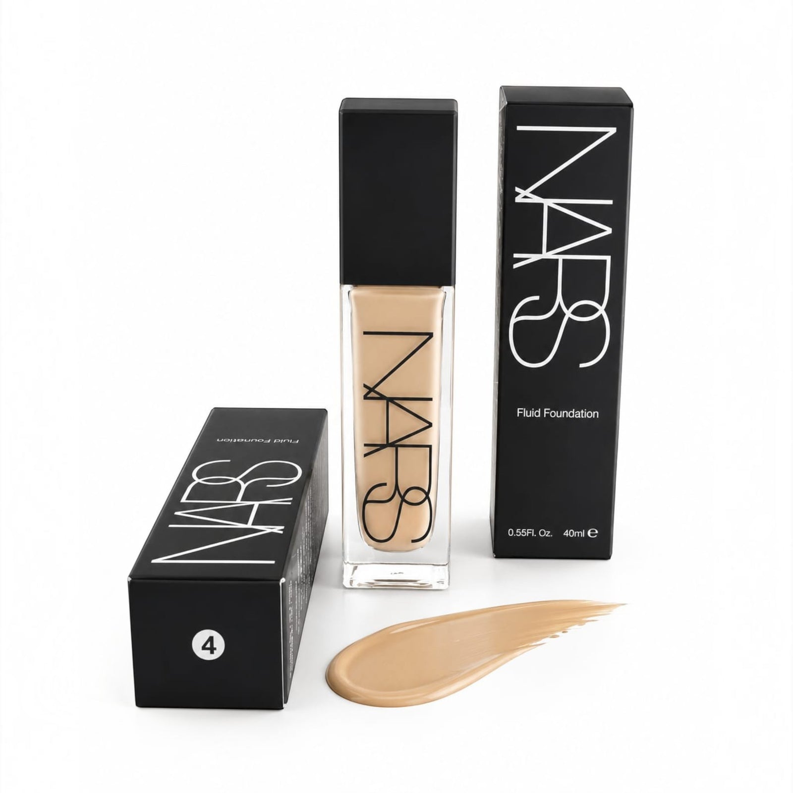 Marom NARS Natural Radiant Longwear Foundation bottle and packaging with a swatch of liquid makeup on a white surface.