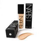 Marom NARS Natural Radiant Longwear Foundation bottle and packaging with a liquid foundation swatch on white background