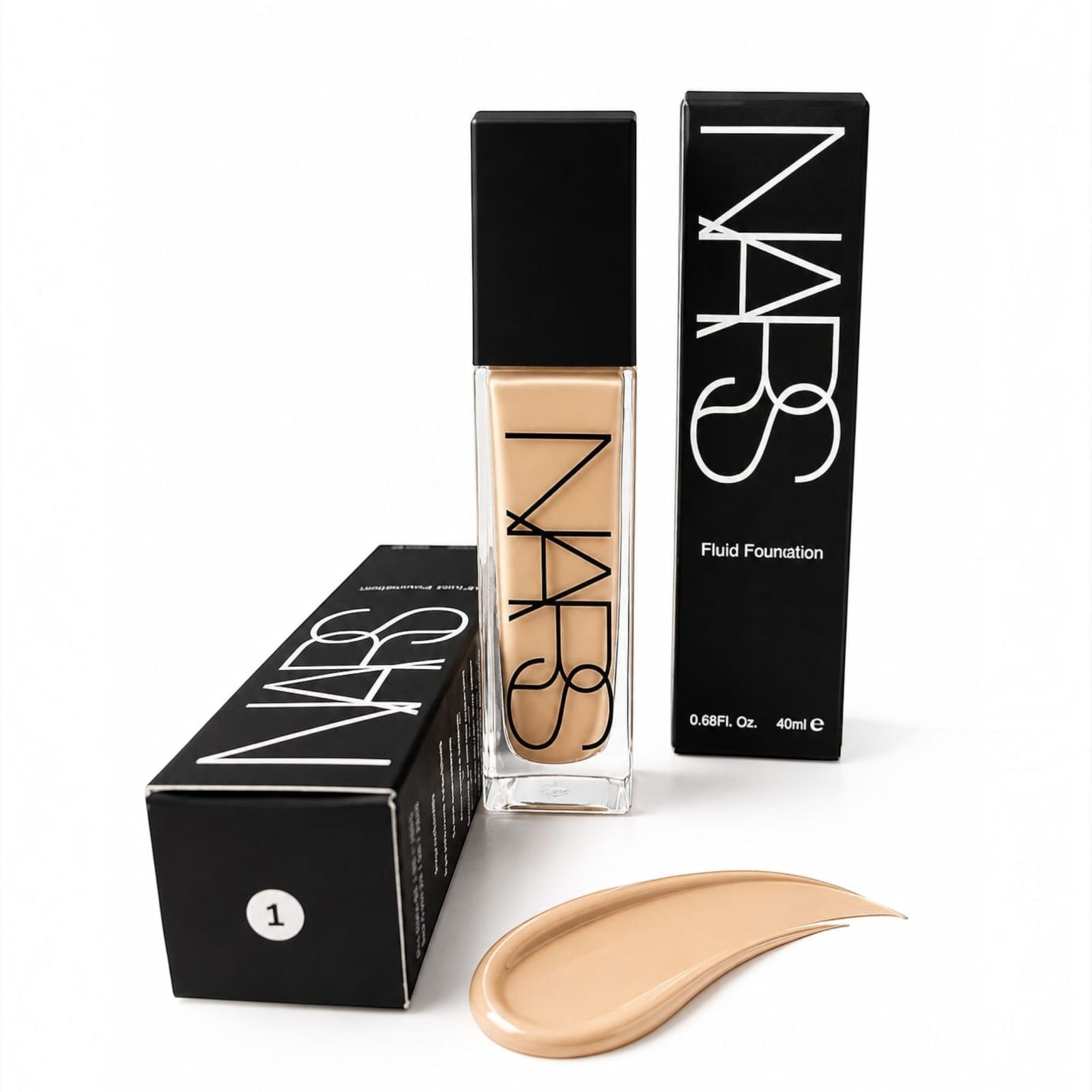 Marom NARS Natural Radiant Longwear Foundation bottle and packaging with a liquid foundation swatch on white background
