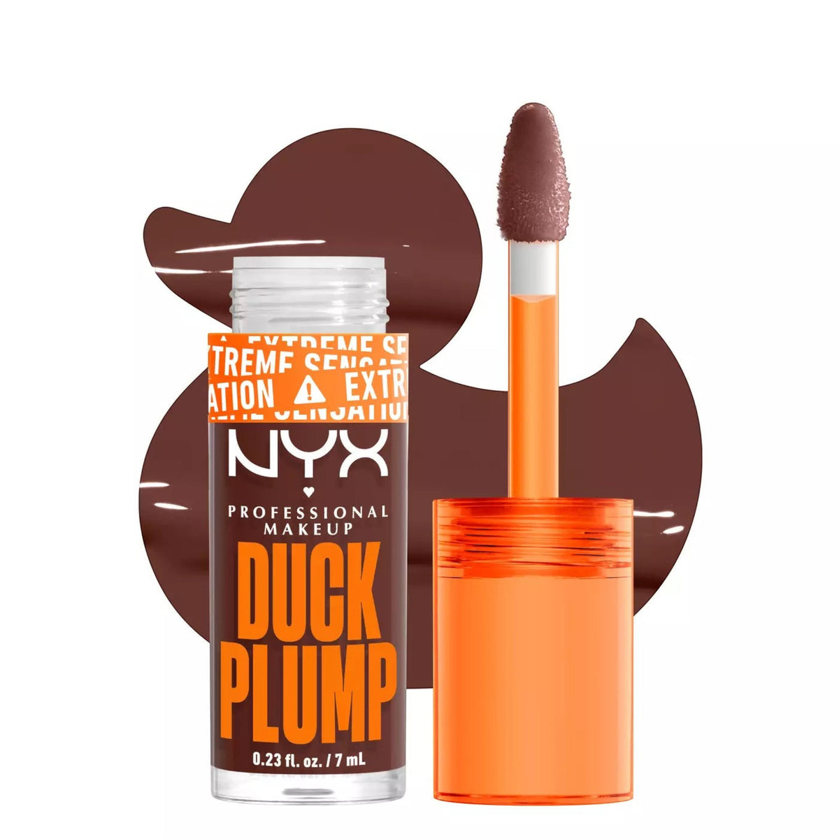 Marom NYX Professional Makeup Duck Plump high pigment lip gloss in a deep brown shade with an applicator wand