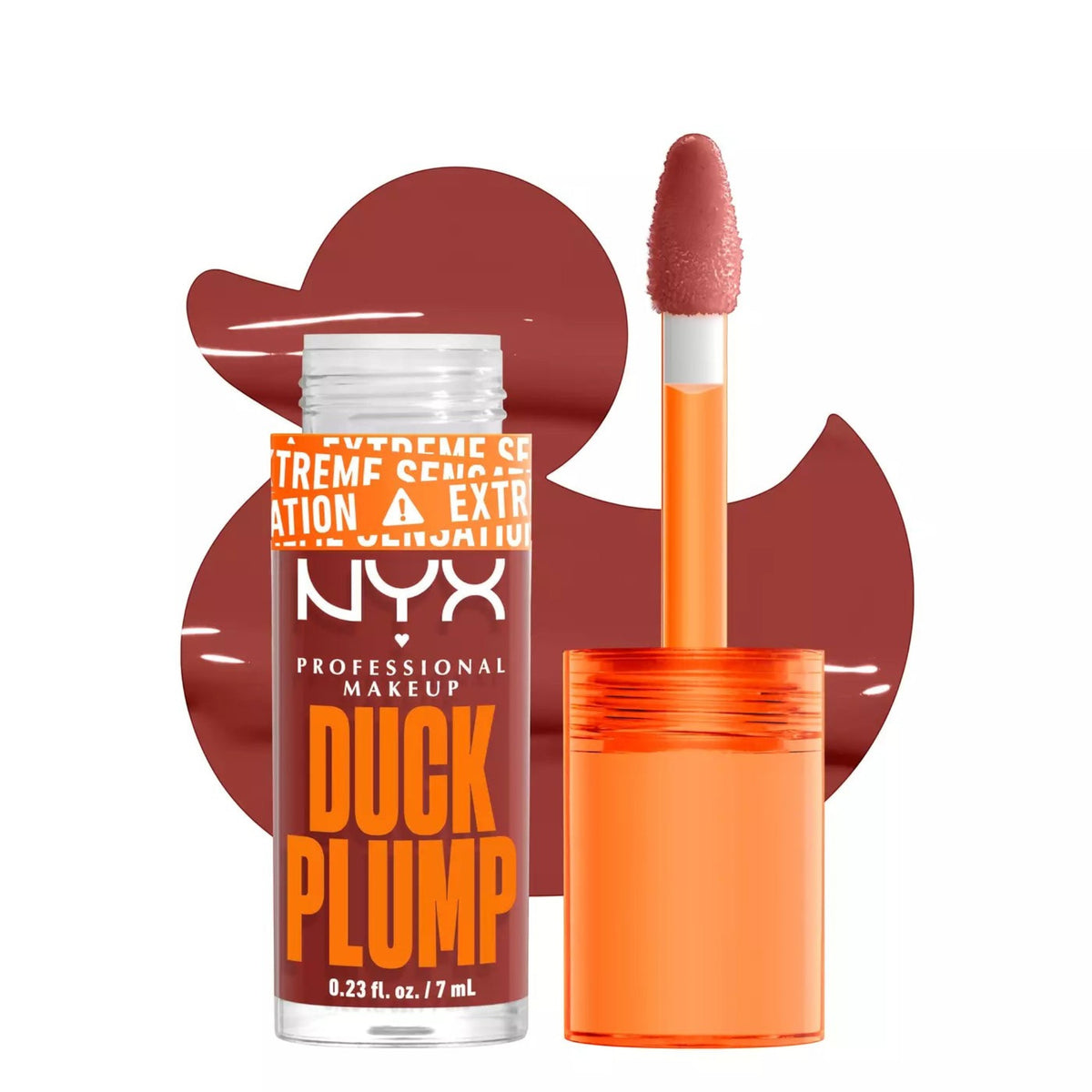 Marom NYX Duck Plump high pigment lip gloss in a deep mauve shade with an applicator wand and duck-shaped background.