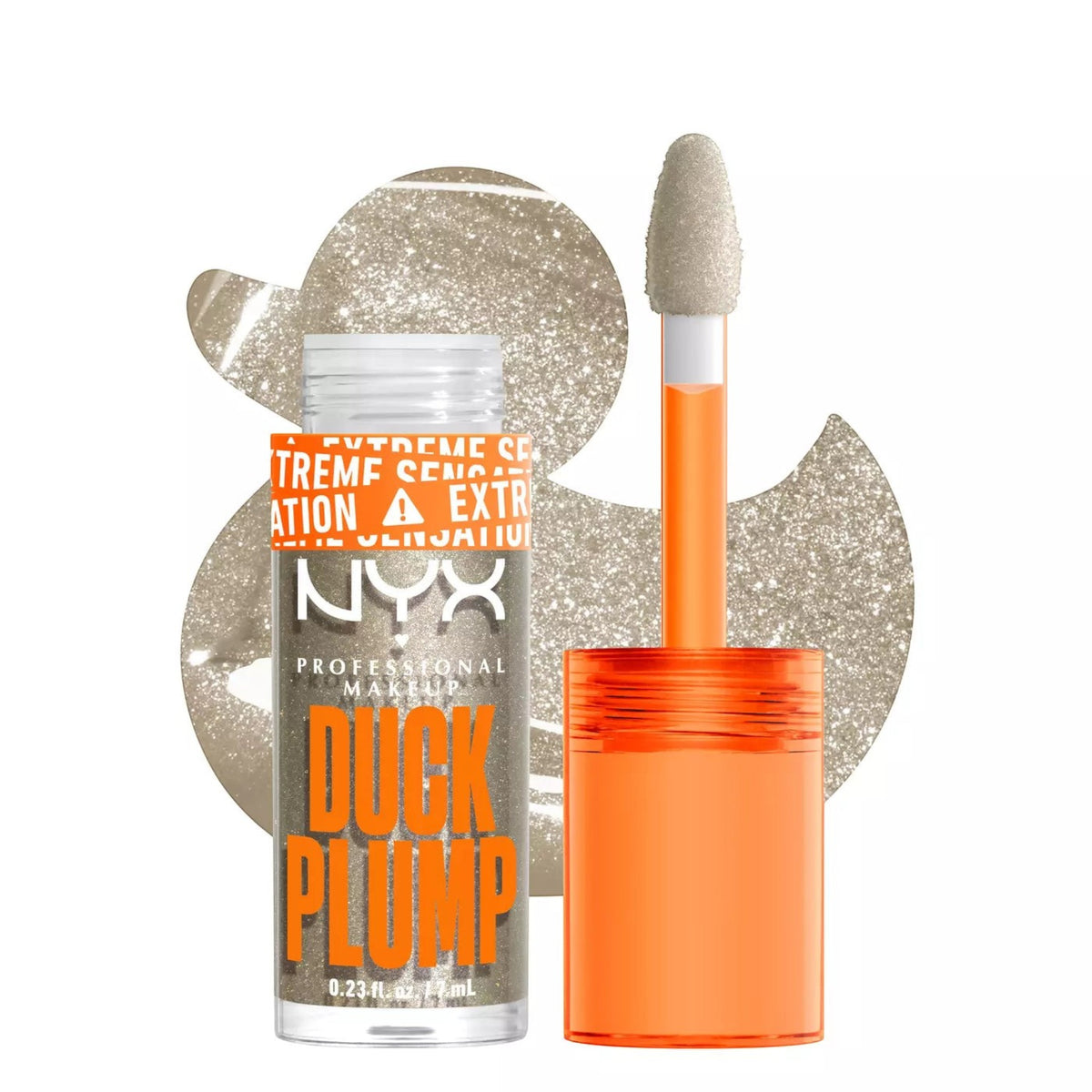 Marom NYX Professional Makeup Duck Plump high pigment lip gloss in a shimmering silver shade with an orange applicator.