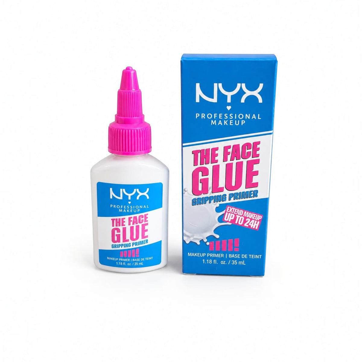Marom NYX Professional Makeup The Face Glue gripping primer bottle and blue box packaging for 24-hour makeup wear