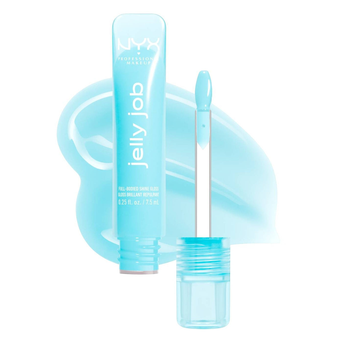 Marom Nyx Jelly Job full-bodied high shine lip gloss in a clear light blue jelly texture with applicator wand