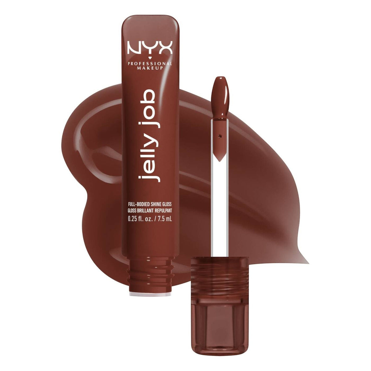 Marom Nyx Jelly Job full-bodied high shine lip gloss in a deep brown shade with a matching applicator wand