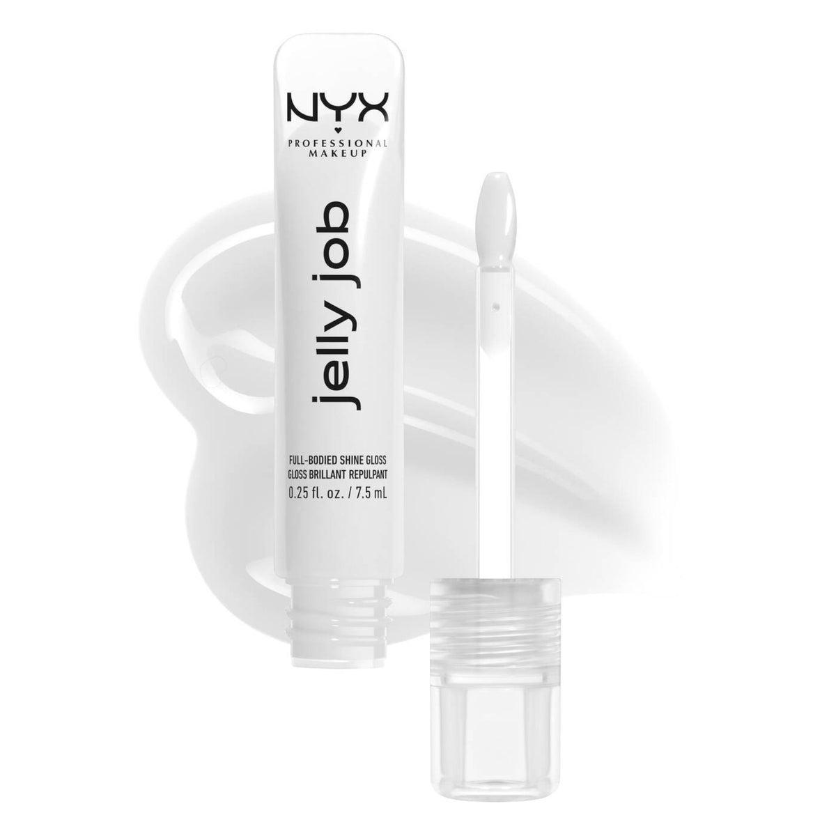 Marom Nyx Jelly Job clear high shine lip gloss tube with applicator wand and jelly texture swatch