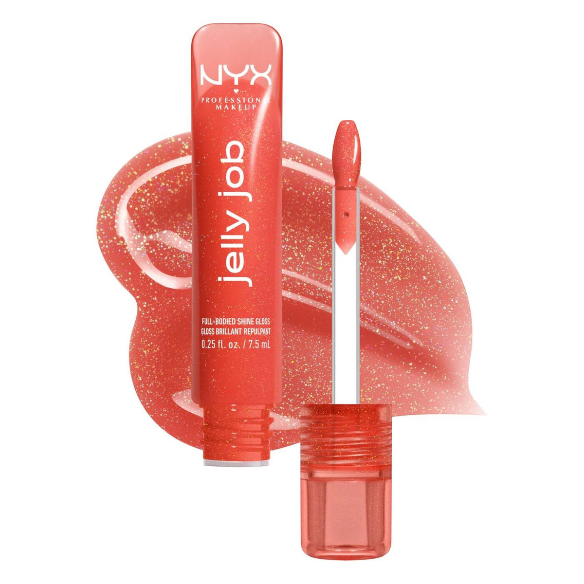 Marom NYX Jelly Job high shine lip gloss in a coral shade with gold shimmer and applicator wand