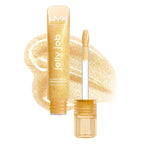 Marom Nyx Jelly Job gold shimmer lip gloss tube with applicator wand and a swatch of the high shine formula