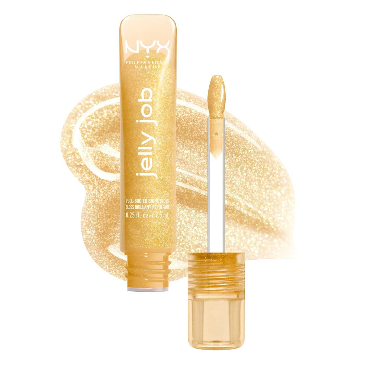 Marom Nyx Jelly Job gold shimmer lip gloss tube with applicator wand and a swatch of the high shine formula