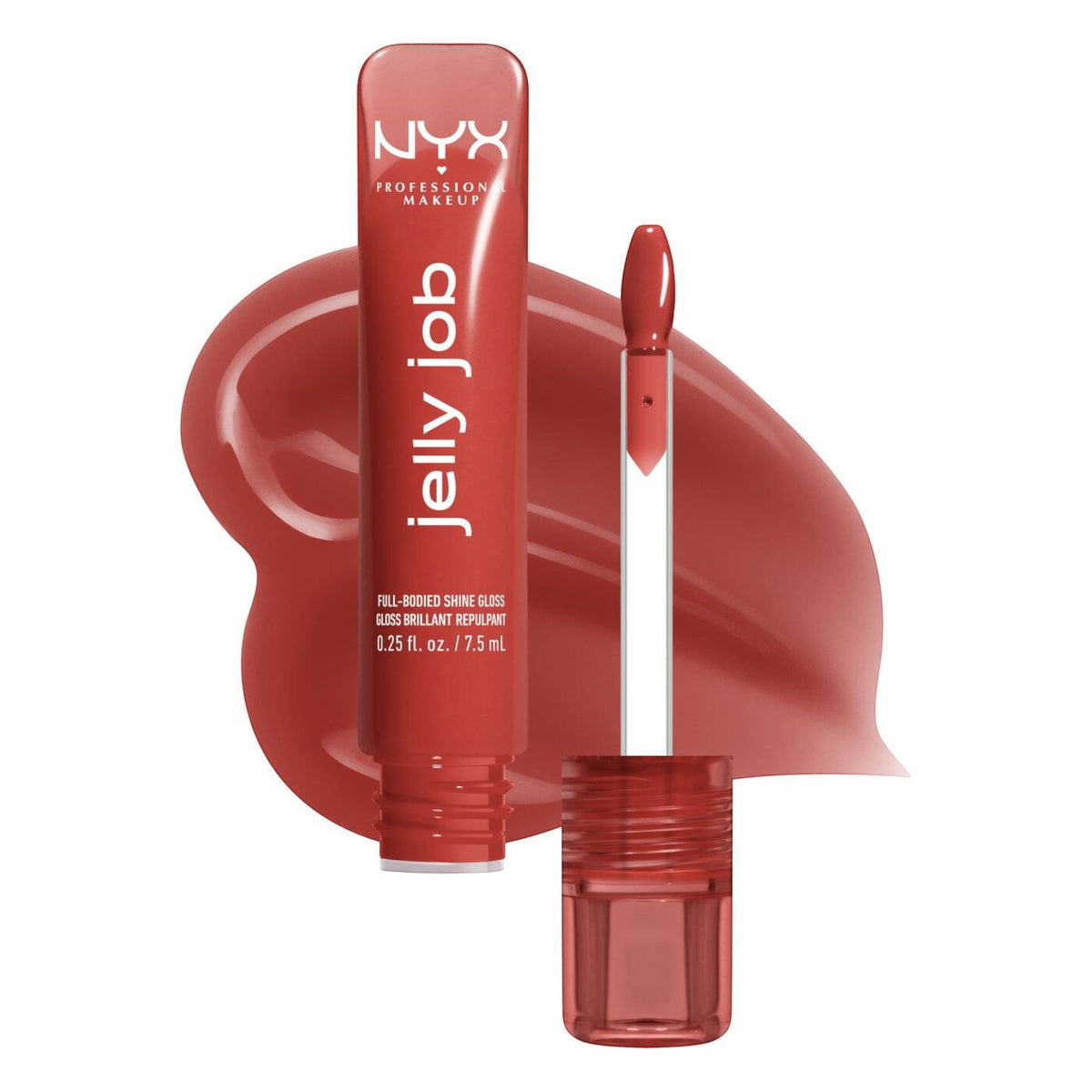 Marom NYX Jelly Job full-bodied high shine lip gloss in a warm terracotta shade with applicator and product swatch