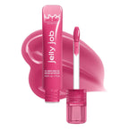 Marom NYX Jelly Job high shine lip gloss in a vibrant pink shade with applicator wand and product swatch