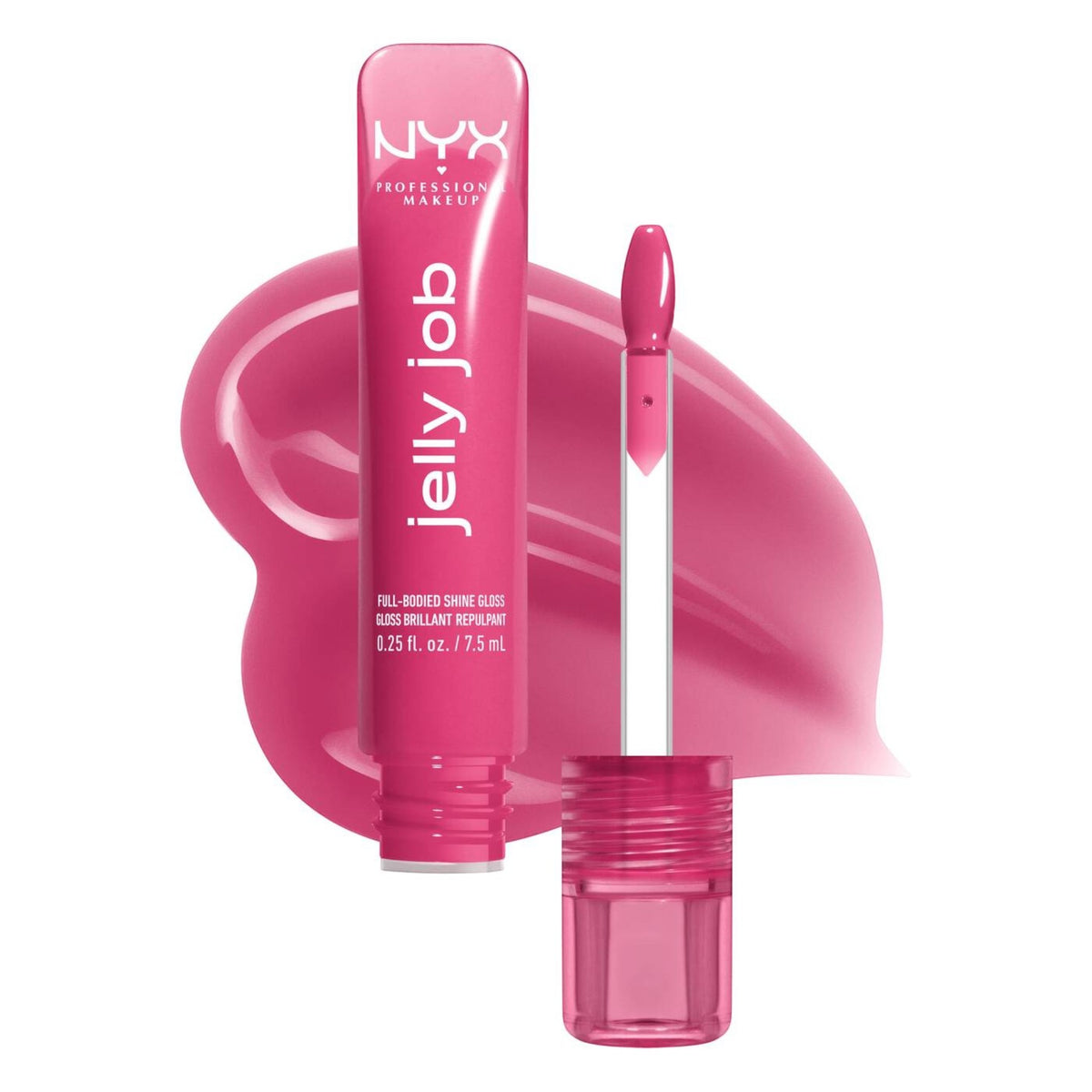 Marom NYX Jelly Job high shine lip gloss in a vibrant pink shade with applicator wand and product swatch