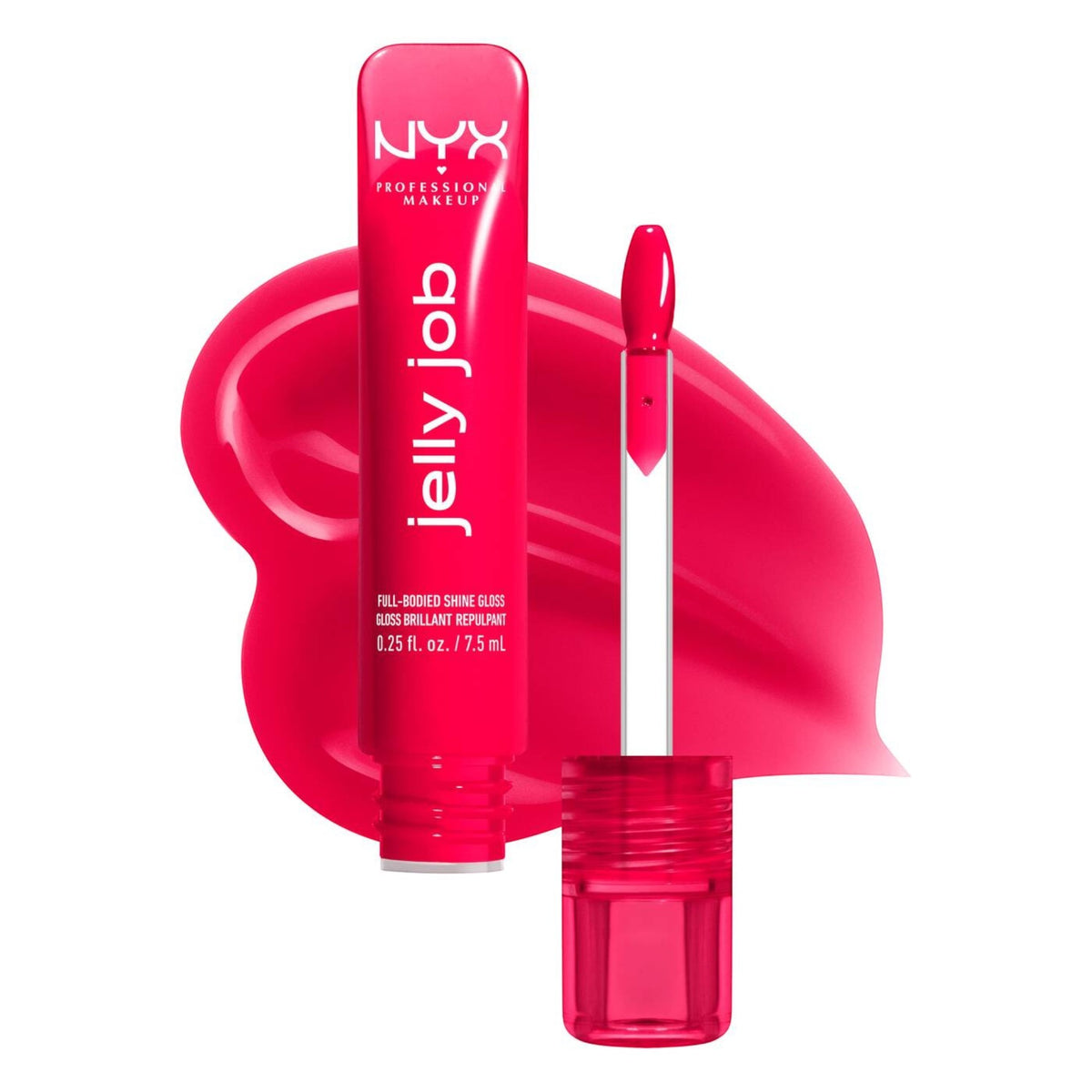 Marom Nyx Jelly Job high shine lip gloss in vibrant pink with applicator wand and a glossy product swatch