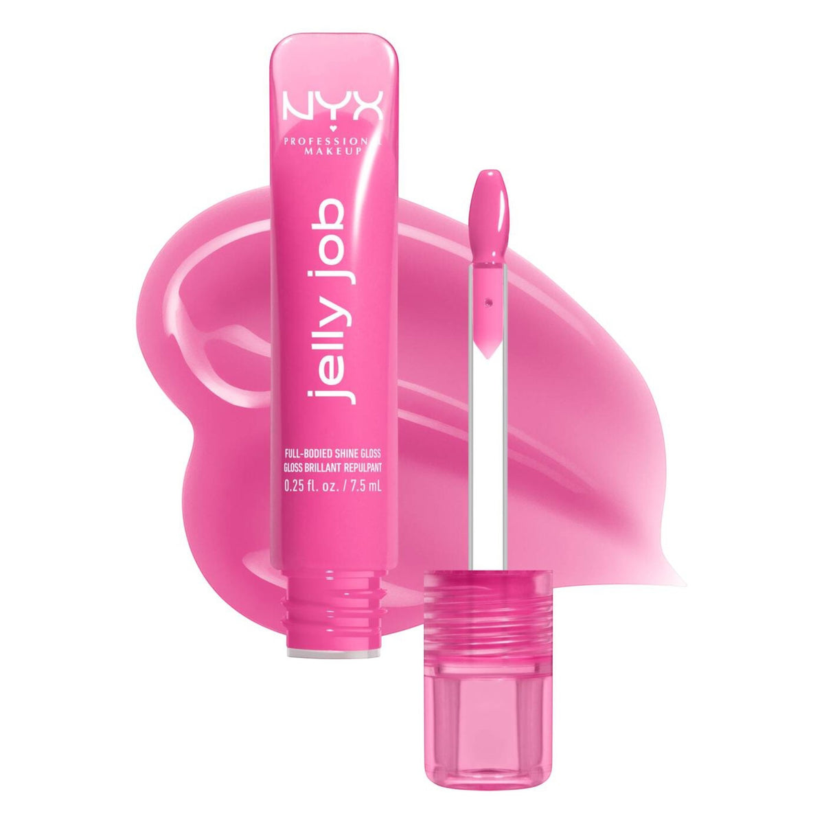 Marom NYX Jelly Job high shine lip gloss in bright pink with applicator wand and a swatch of the glossy formula
