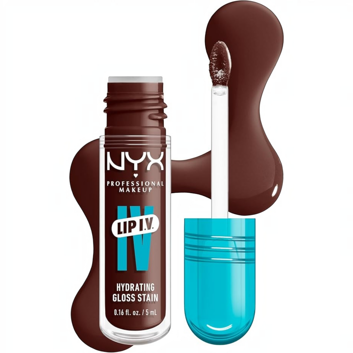 Marom NYX PROFESSIONAL MAKEUP Lip I.V. Hydrating Gloss Stain in a deep brown shade with a precision applicator.