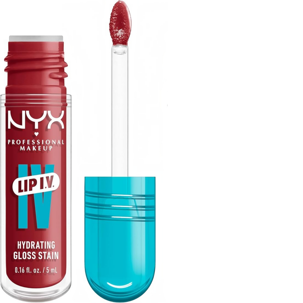 Marom NYX PROFESSIONAL MAKEUP Lip I.V. Hydrating Gloss Stain in a deep red shade, close-up of the applicator