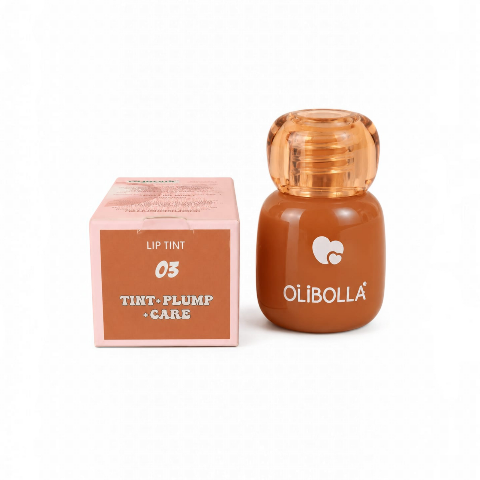 Marom Olibolla transfer-proof lip tint, plump and care bottle in shade 03 with its matching light pink product box.