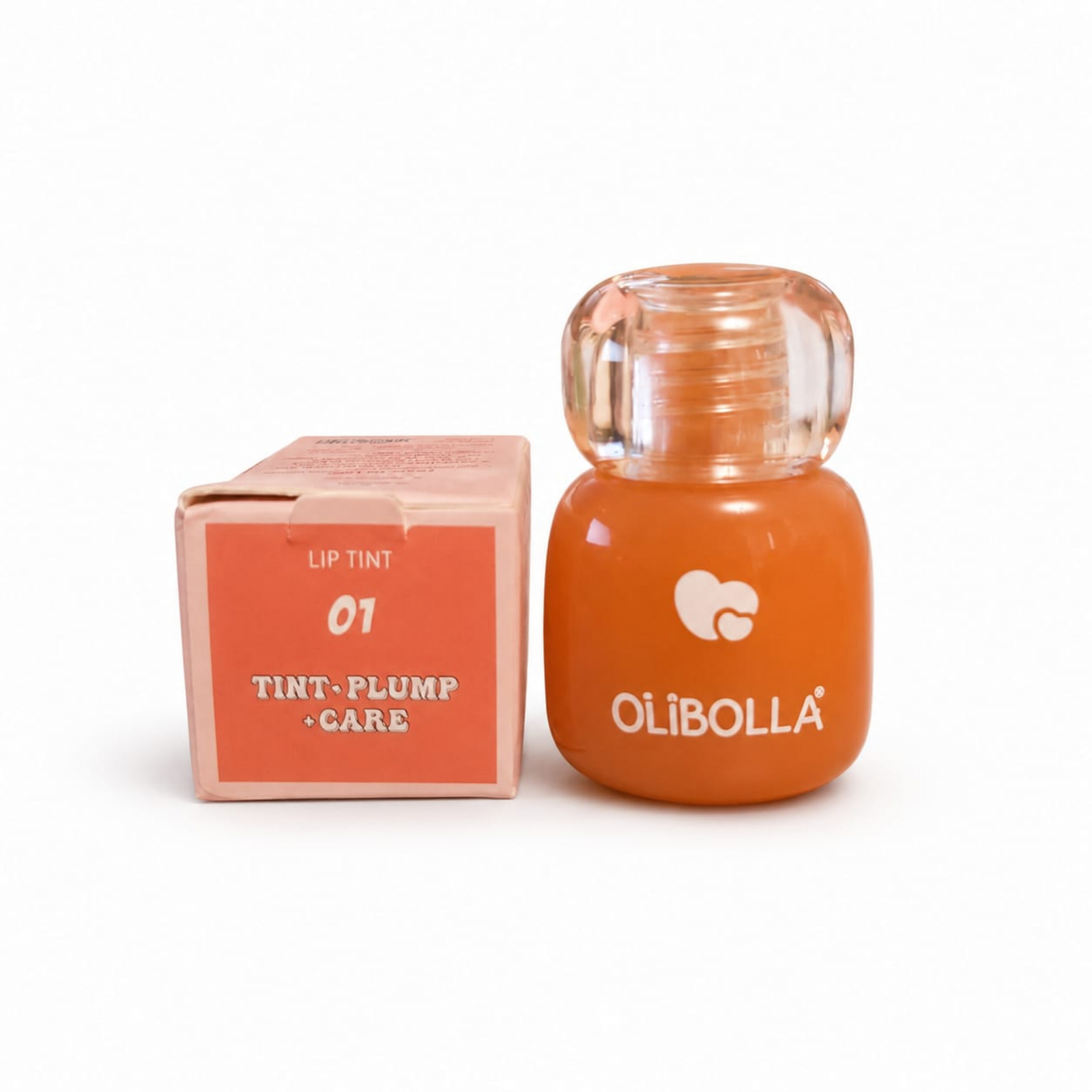 Marom Olibolla transfer-proof orange lip tint with plumping and care benefits, shown with its matching product box.