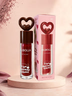 Marom Olibolla Lip Glaze Jelly Crystal in deep red with a heart-shaped cap, displayed with its matching pink box.