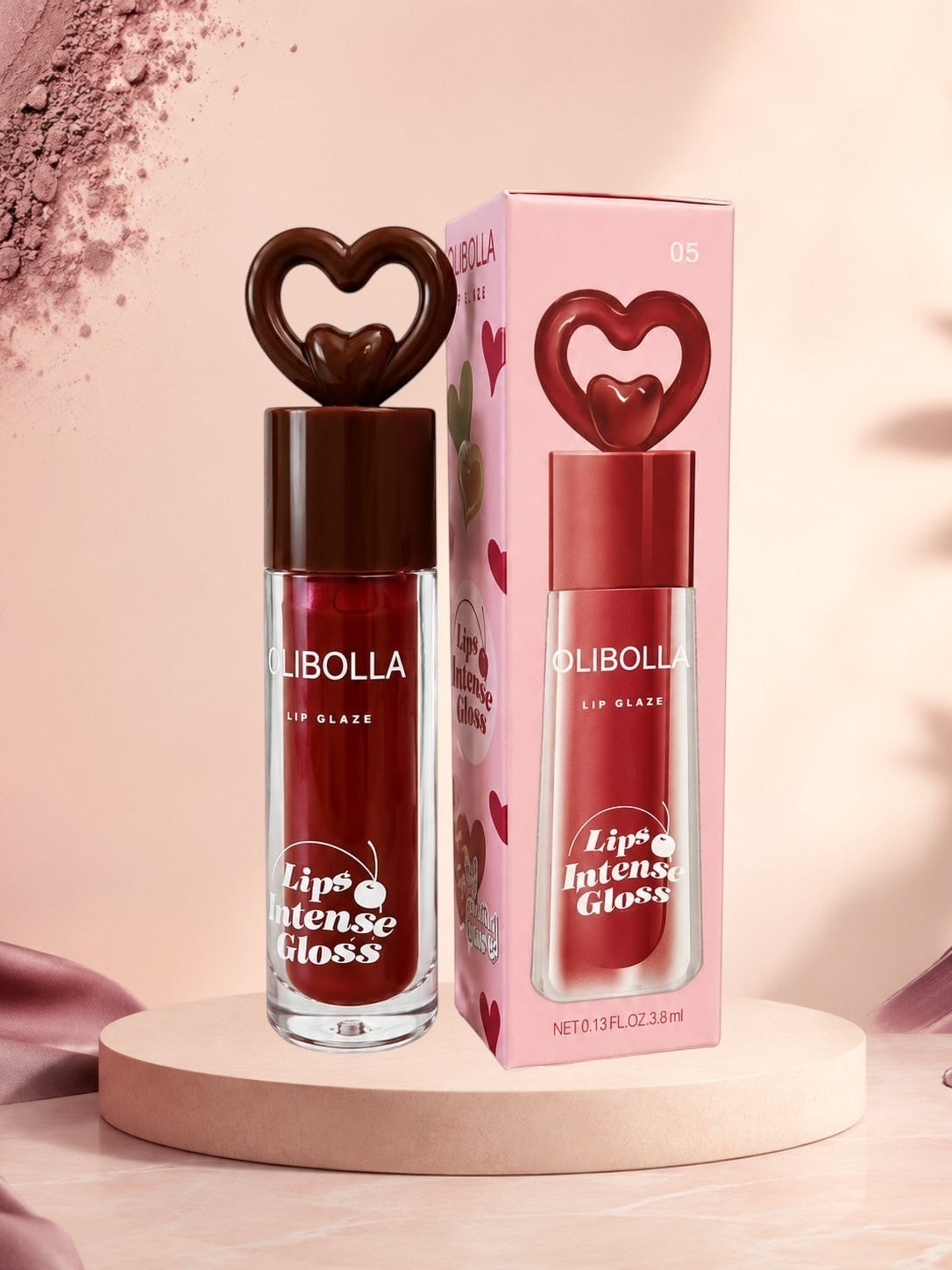Marom Olibolla Lip Glaze Jelly Crystal in deep red with a heart-shaped cap, displayed with its matching pink box.