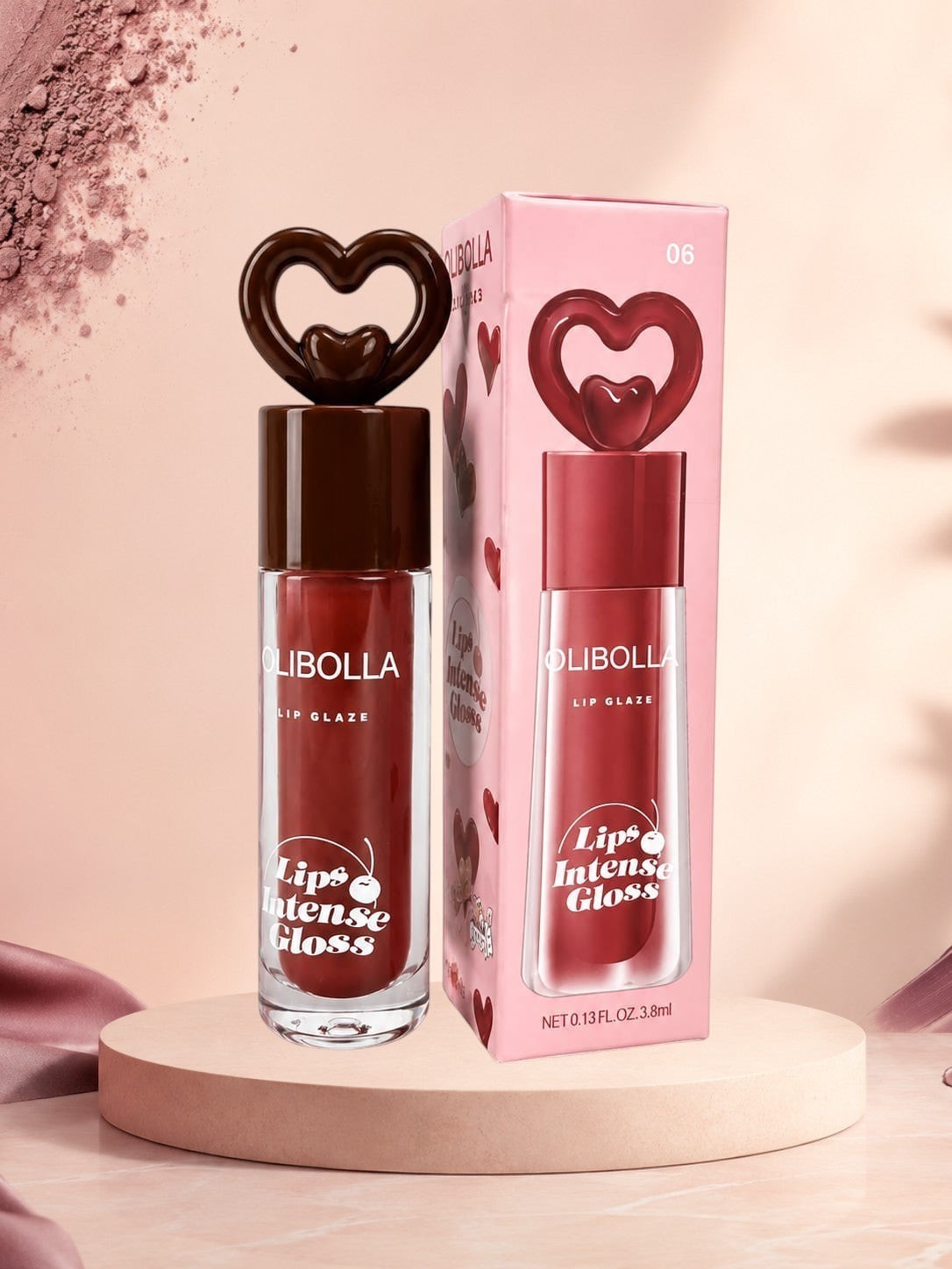 Marom Olibolla Lip Glaze Jelly Crystal in deep red with a unique heart-shaped applicator cap and matching box.