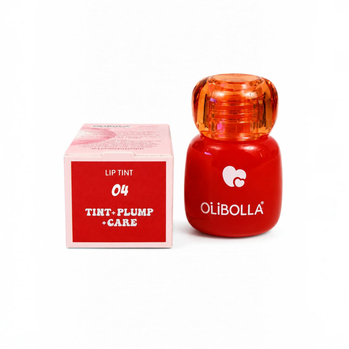 Marom Olibolla transfer-proof lip tint bottle and packaging box in vibrant red with orange cap