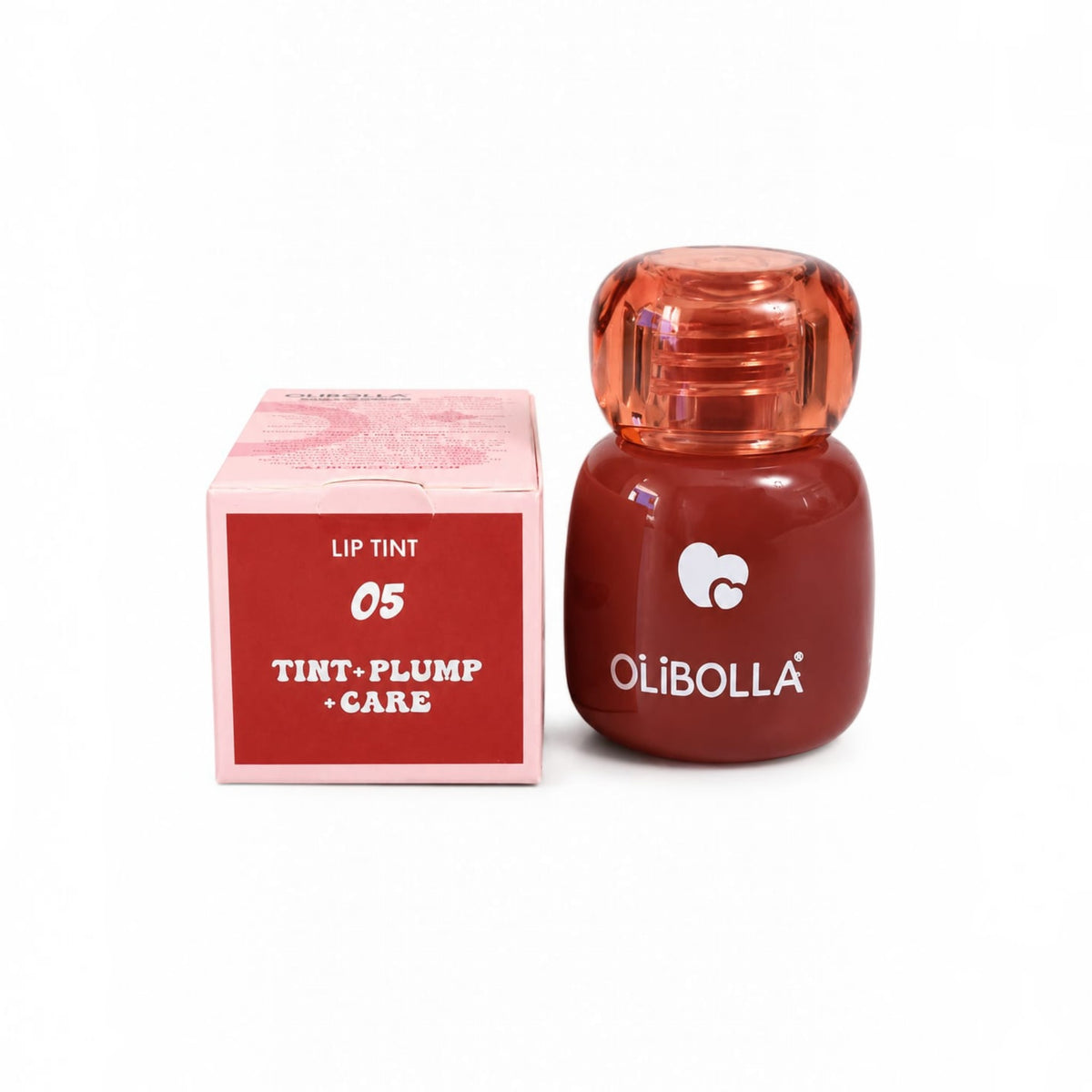 Marom Olibolla transfer-proof lip tint in shade 05 with a plump and care formula, shown with its pink product box.