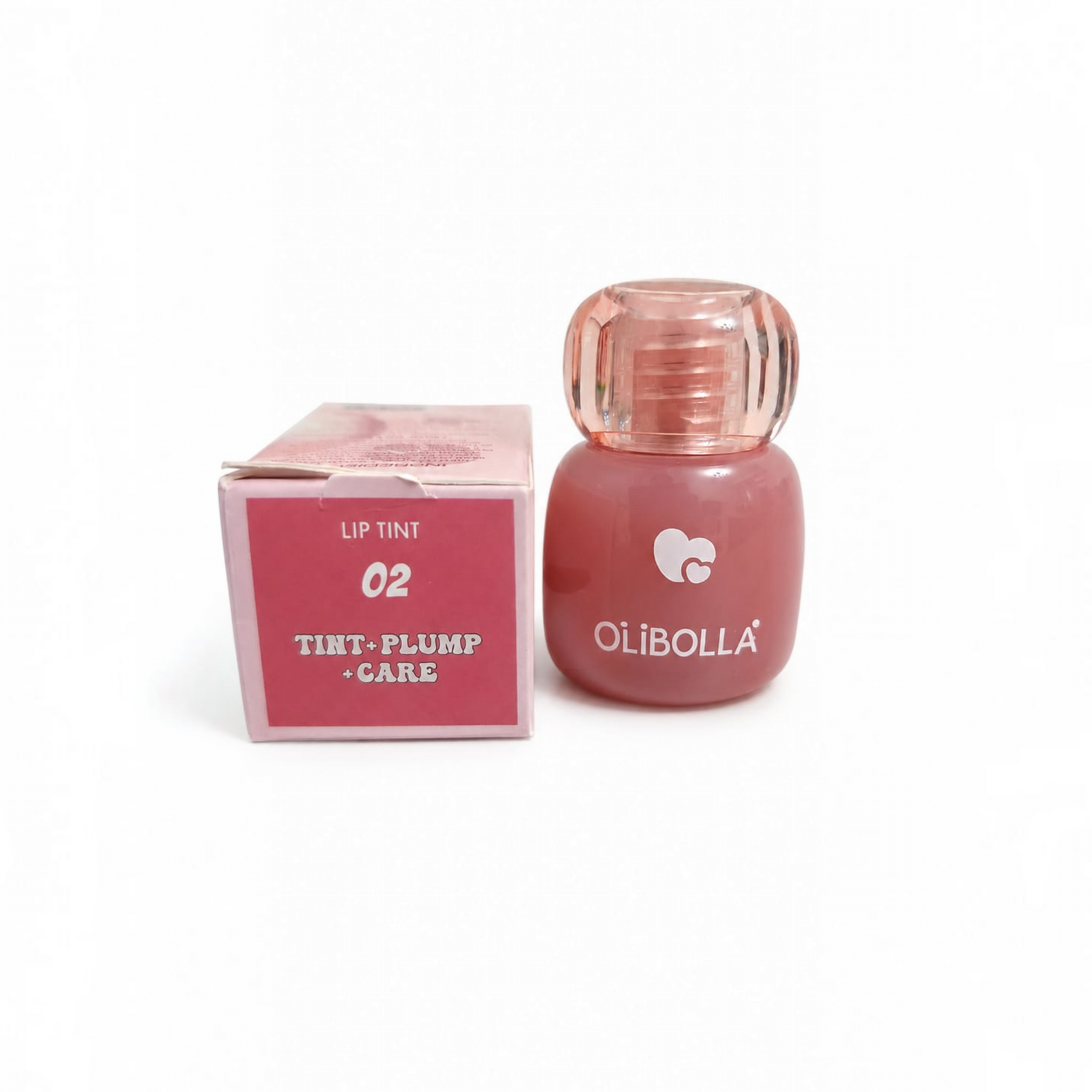 Marom Olibolla transfer-proof lip tint and plumping care bottle with matching pink product box