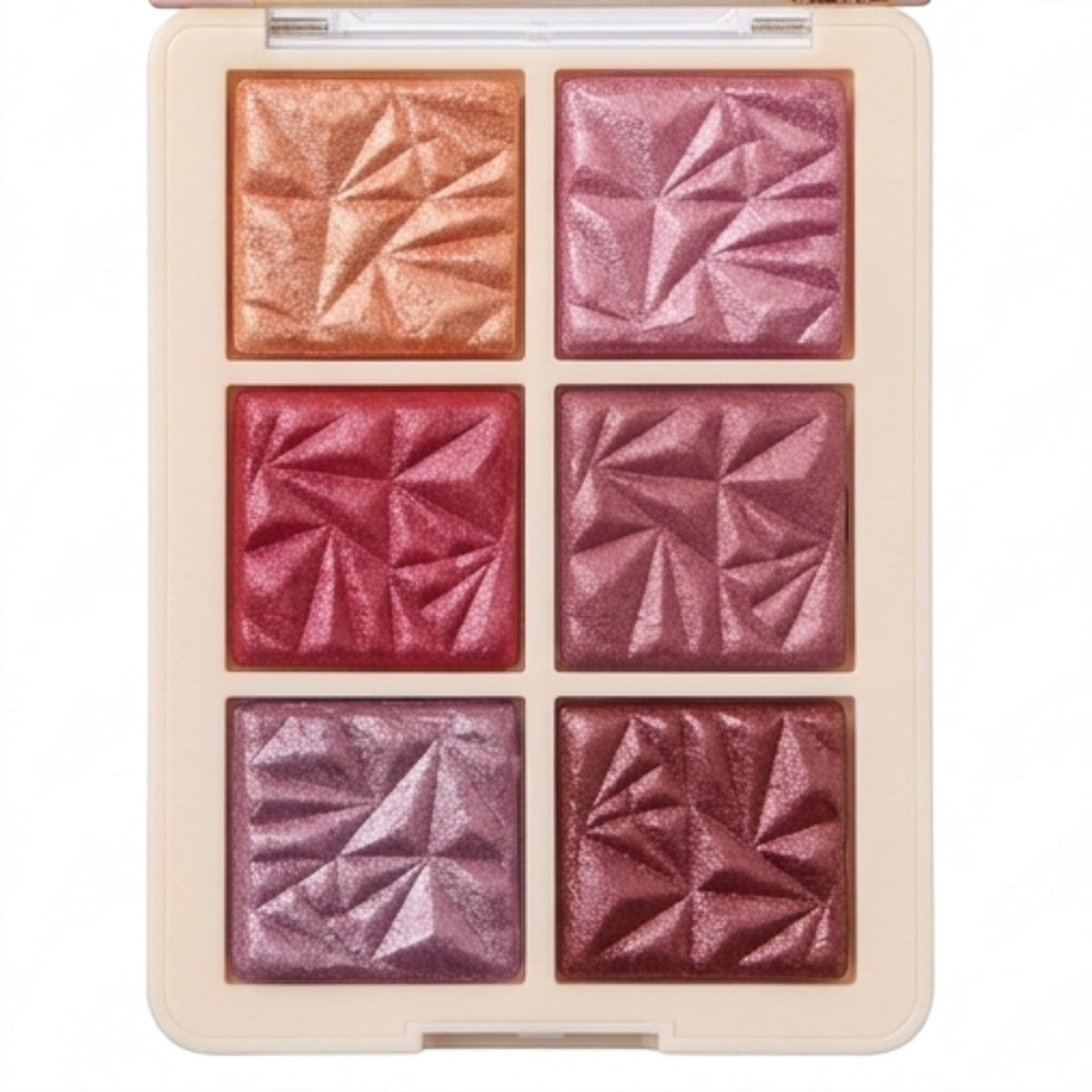 Marom Pink Key Vigour Baked Blusher palette featuring six shimmering, geometric-patterned powder blush shades.