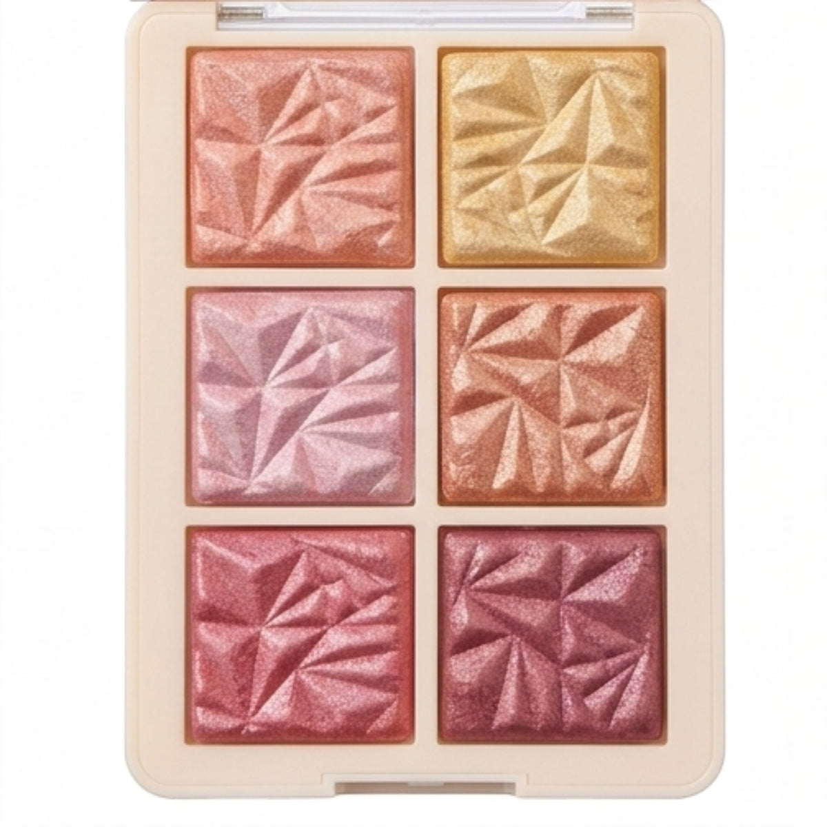Marom Pink Key Vigour Baked Blusher palette featuring six shimmering, geometric-textured powder shades in warm tones.