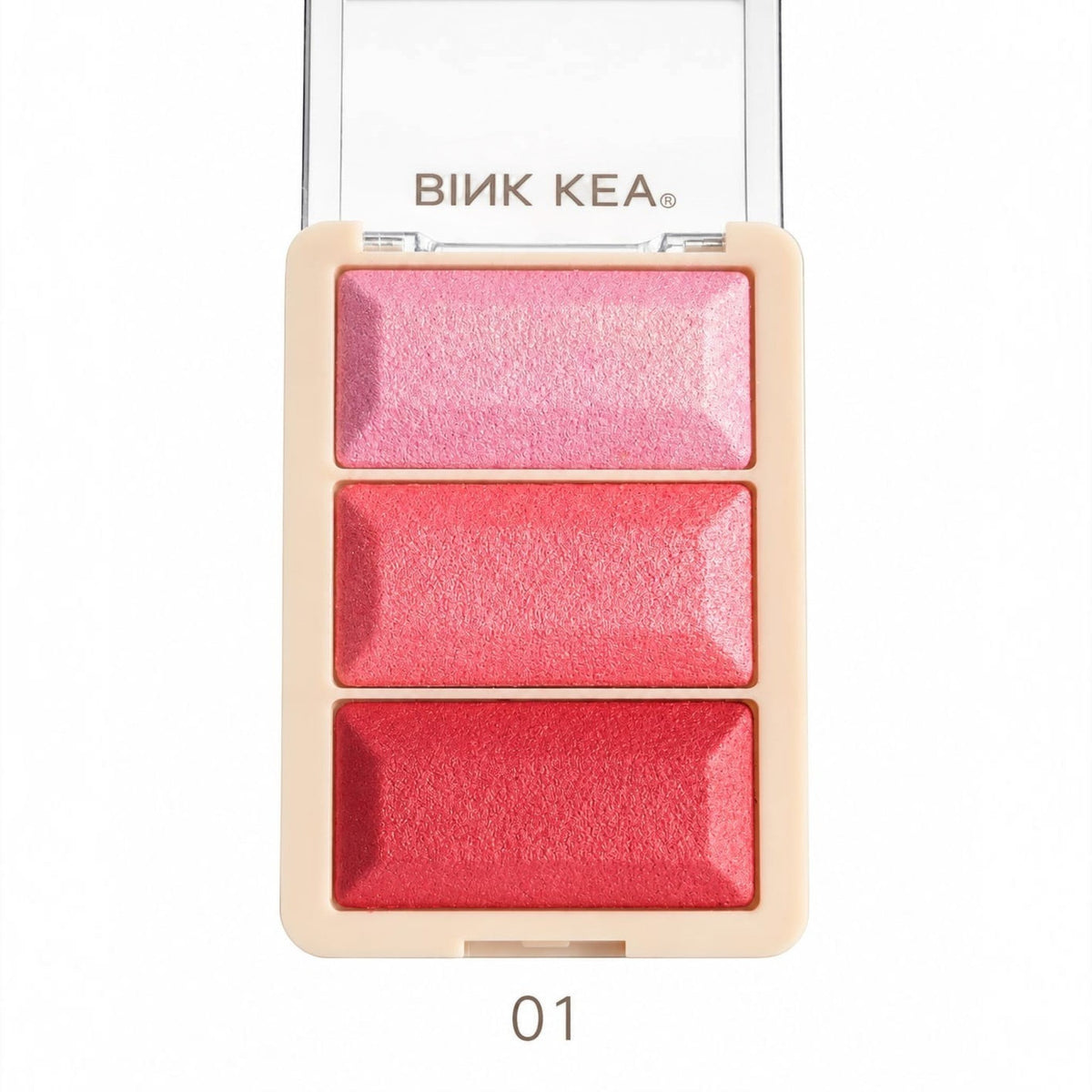 Marom PINK KEY three-color face makeup palette with shimmering pink and red powder shades in a compact case