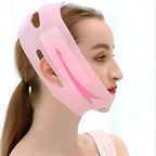Marom pink silicone V-face lifting bandage mask worn by a woman to contour the jawline and reduce double chin