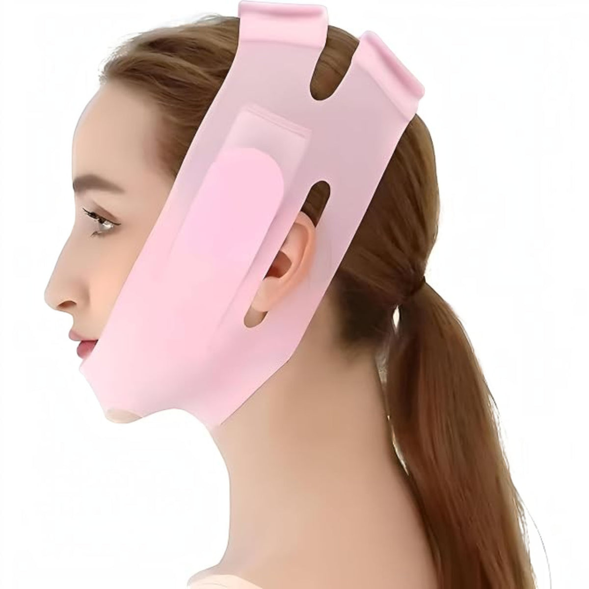Marom pink silicone V-face lifting bandage mask worn by a woman to contour the jawline and reduce sagging skin.