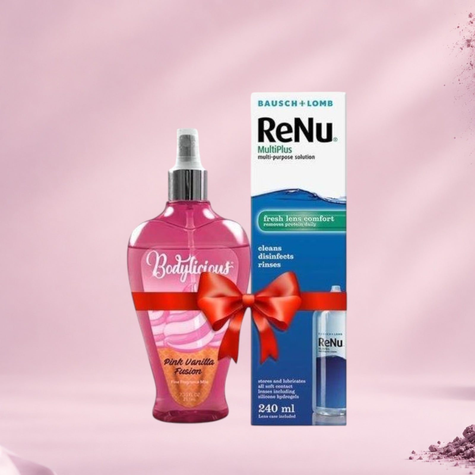 Marom gift set featuring Bausch + Lomb ReNu MultiPlus contact lens solution and a pink Bodylicious fragrance mist.