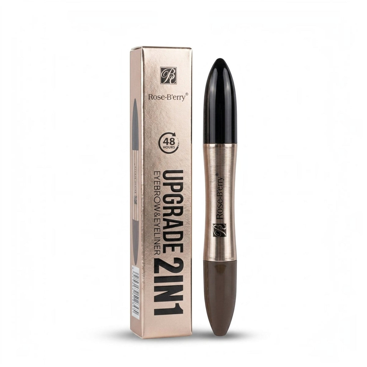 Marom Rose-B'erry 2-in-1 dual-ended eyebrow definer and precision eyeliner in a metallic gold and black tube.