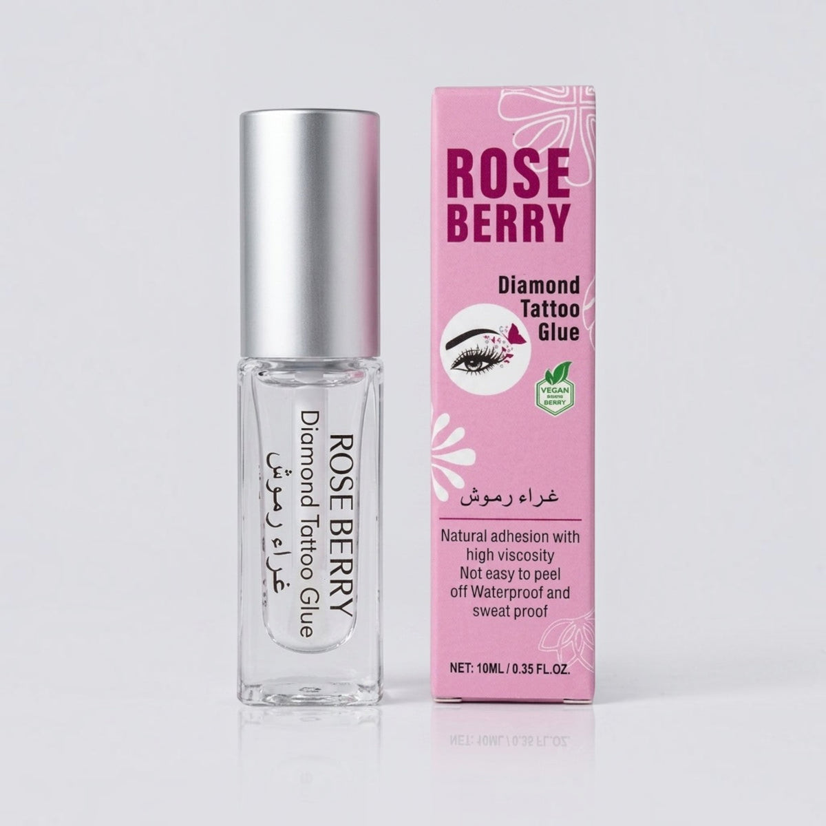 Marom ROSE BERRY Diamond Tattoo Eyelash Adhesive Glue bottle and pink packaging box for long-lasting lash hold.