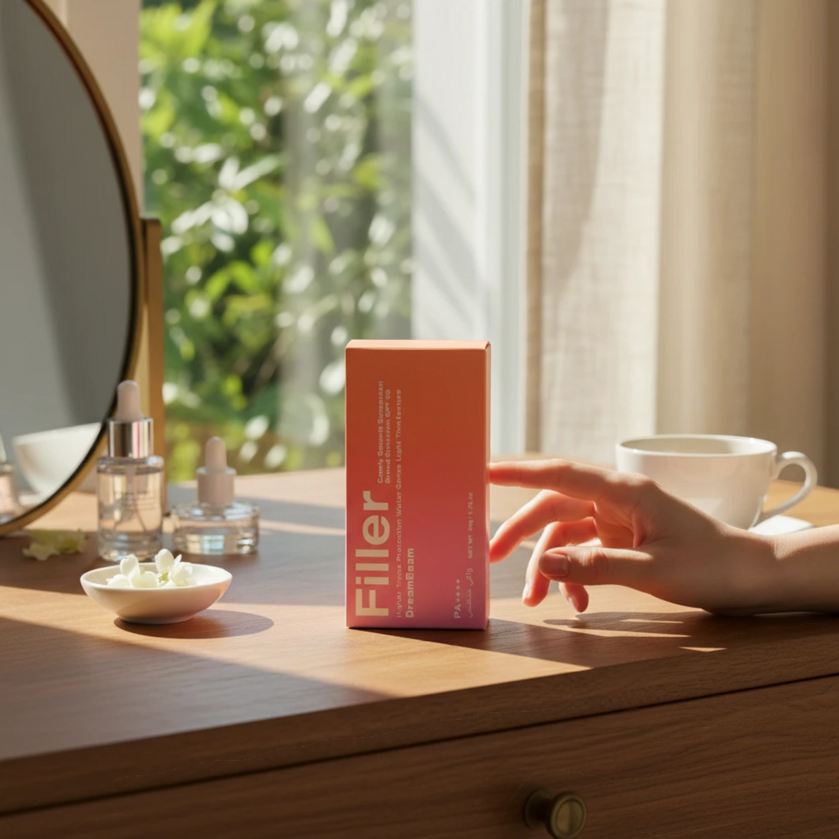 Marom Rose Berry Filler Comfy Smooth SPF 50 sunscreen box on a wooden vanity table with a hand reaching towards it