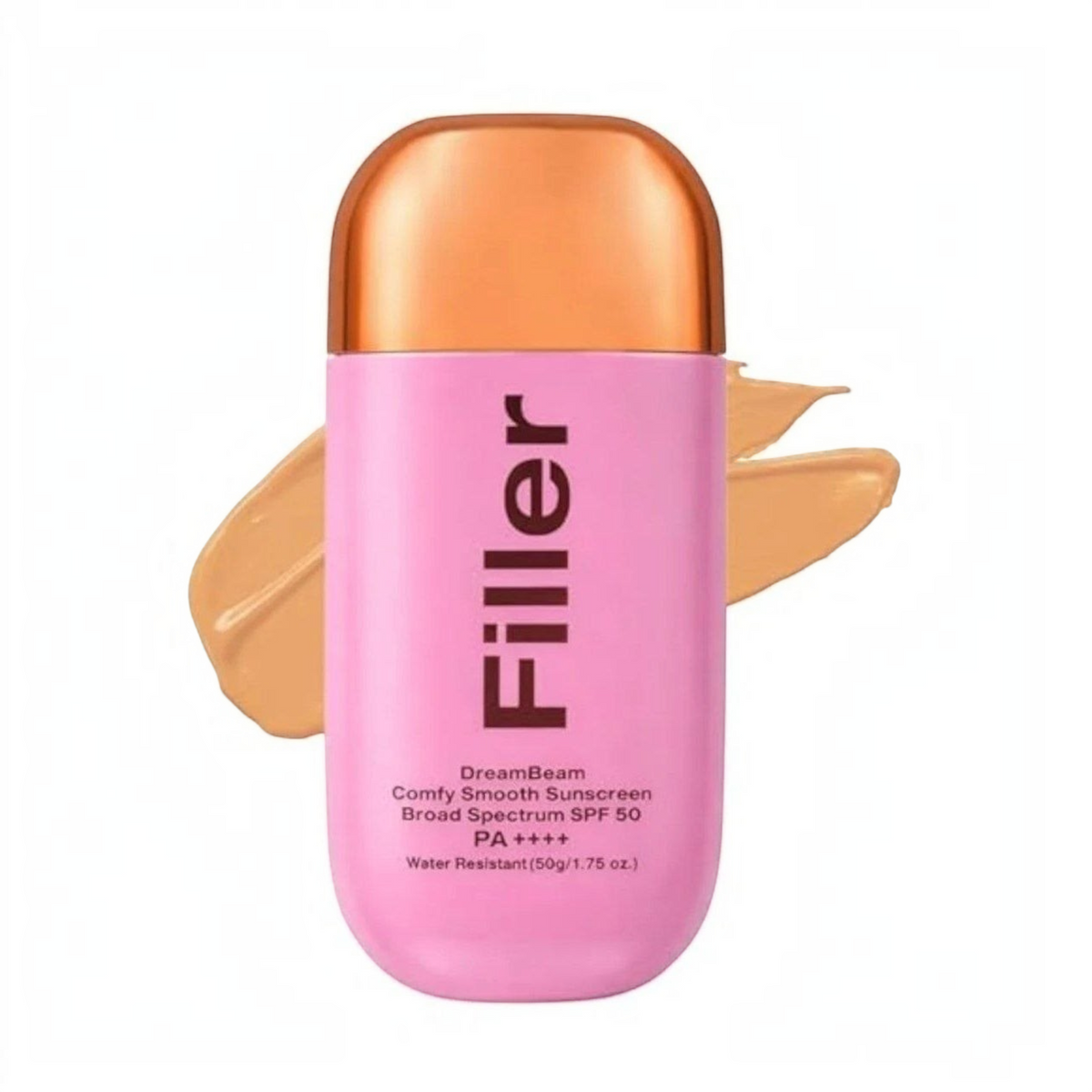 Marom Rose Berry Filler Comfy Smooth Sunscreen SPF 50 in a pink bottle with a metallic cap and a swatch of cream