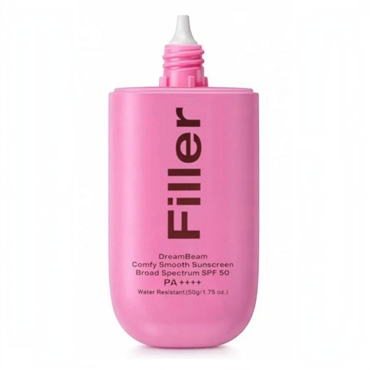 Marom Rose Berry Filler Comfy Smooth Sunscreen SPF 50 in a pink 50g squeeze bottle for broad-spectrum sun protection.