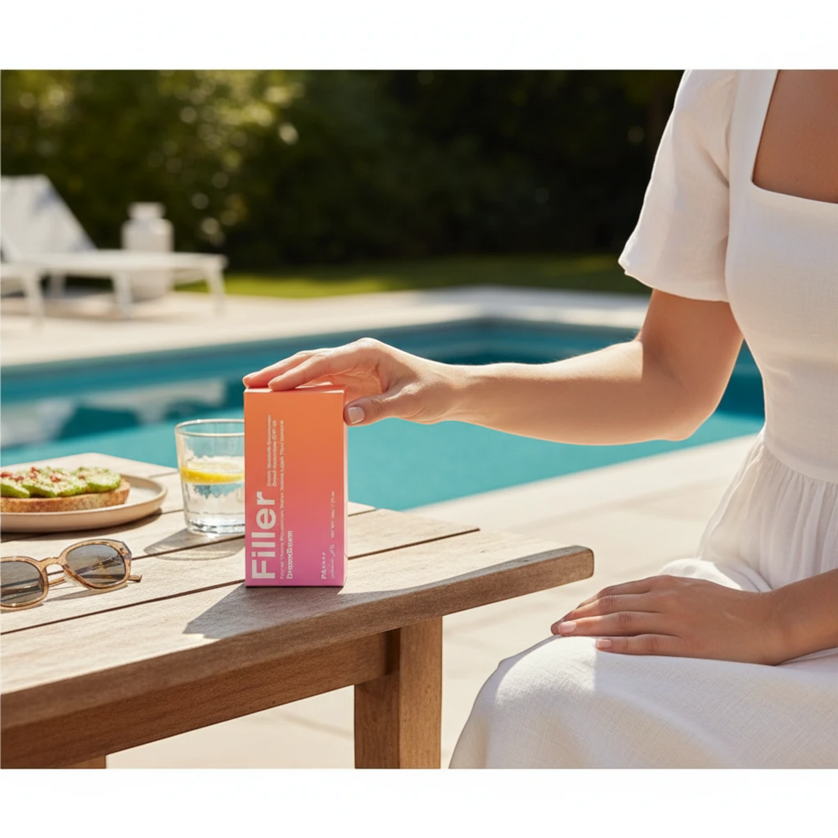 Marom Rose Berry Filler Comfy Smooth SPF 50 sunscreen box held by a woman on a wooden table by a sunny pool.