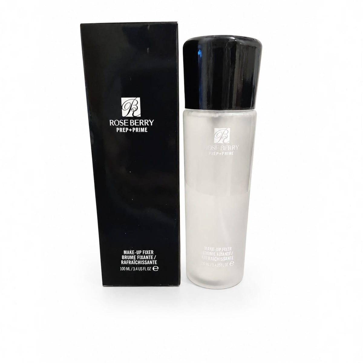 Marom ROSE BERRY Prep + Prime Make-Up Fixer setting spray bottle and black packaging box on a white background.