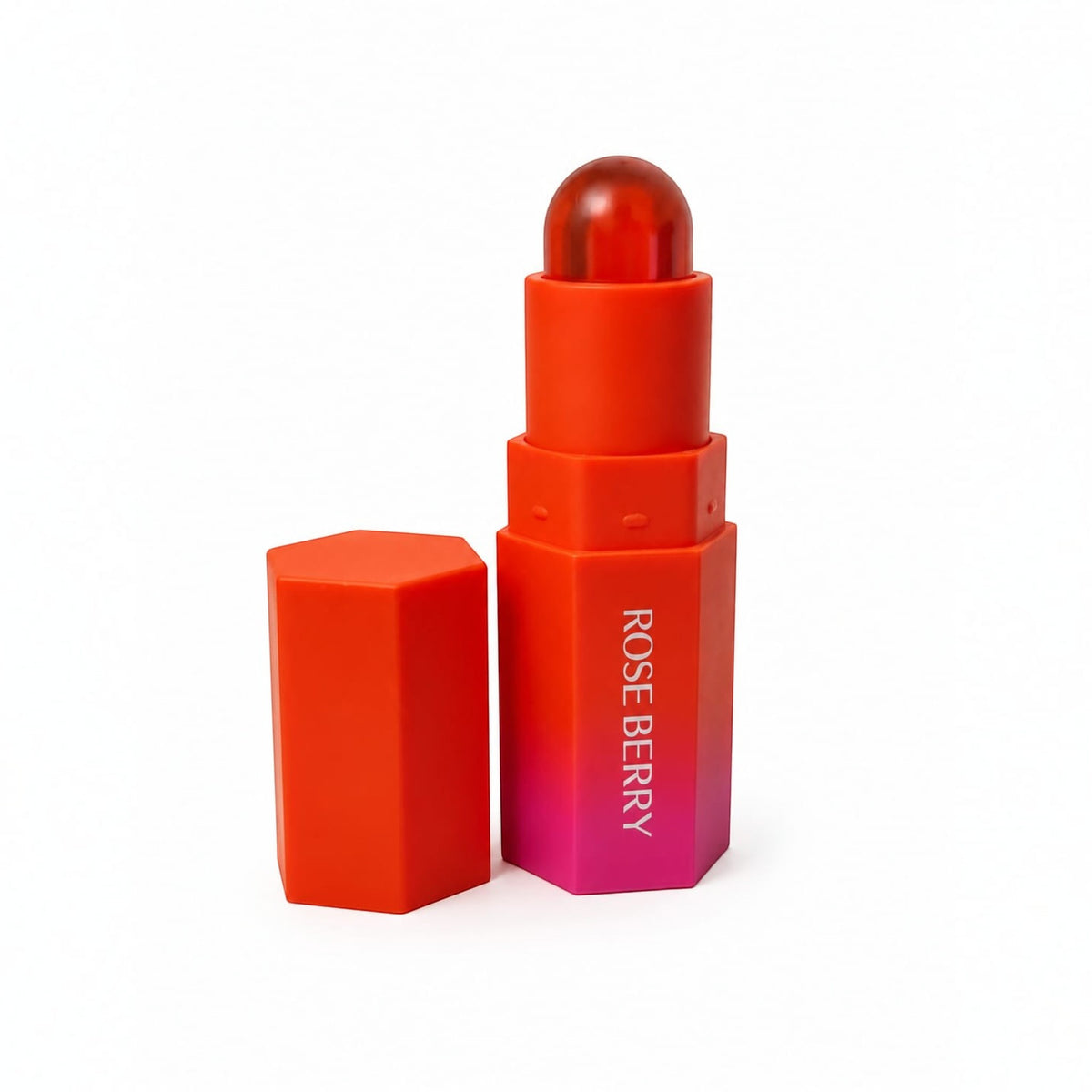 Marom ROSE BERRY moisturizing lip balm stick in a vibrant orange and pink hexagonal tube with a clear dome top.