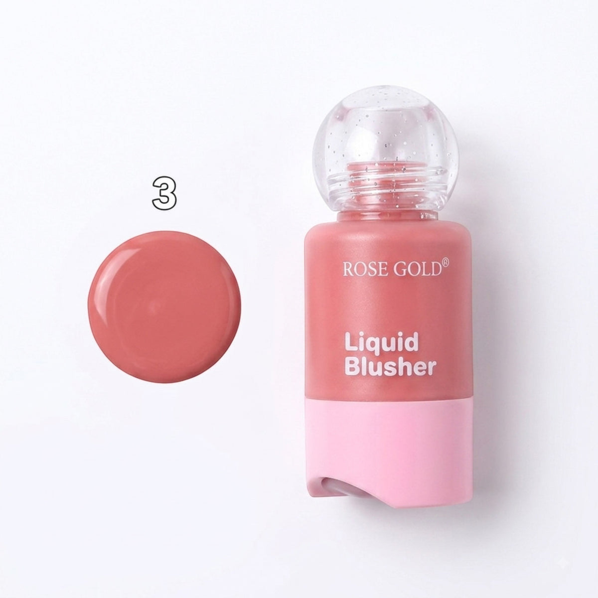 Marom Rose Gold liquid blusher in a soft pink bottle with a clear cap and a swatch of the warm rose-toned pigment.
