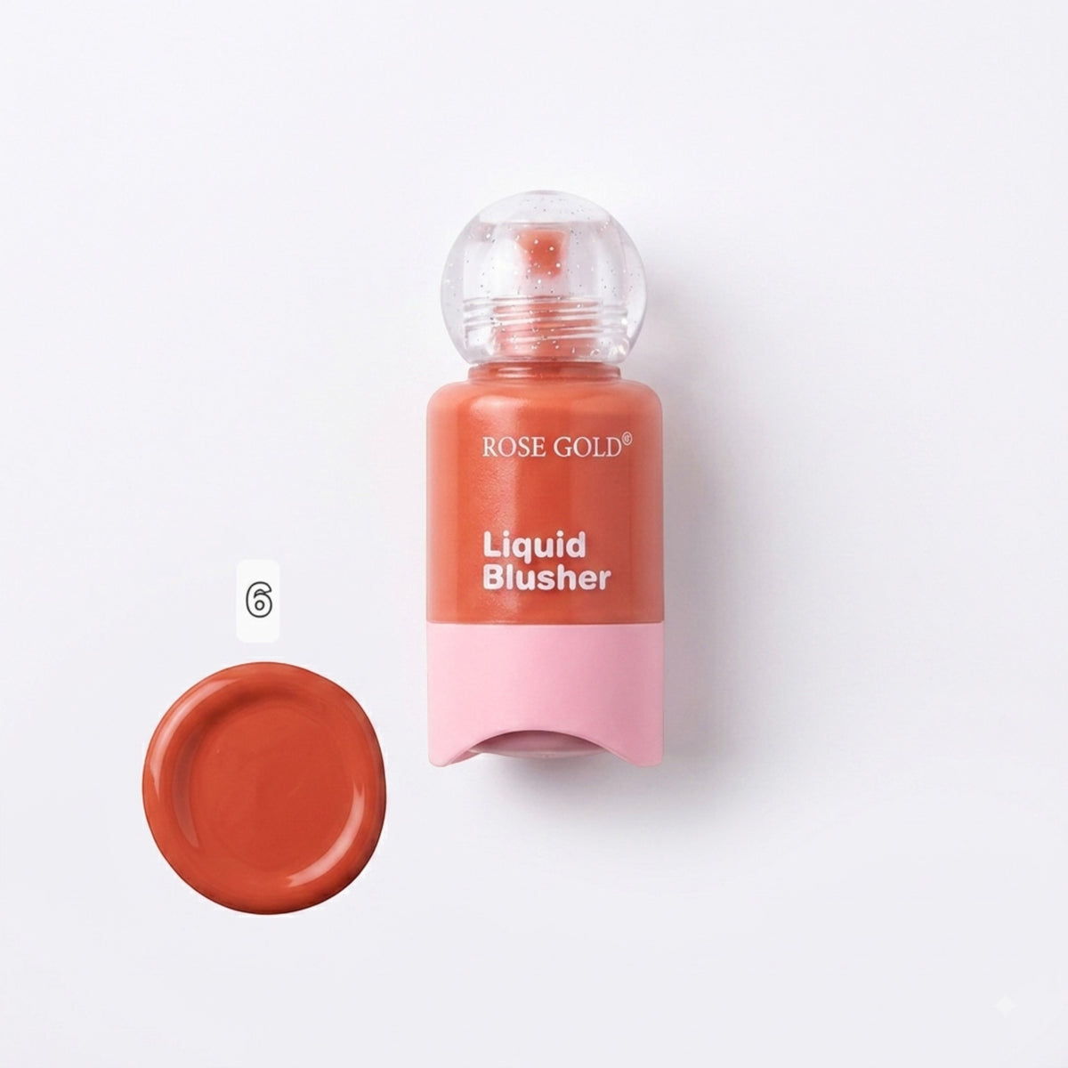 Marom Rose Gold liquid blusher in a warm terracotta shade with a clear cap and pink base, shown with a product swatch
