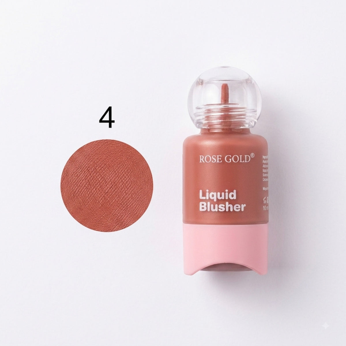Marom Rose Gold liquid blusher in a compact bottle with a pink base and a swatch of the warm rose shade