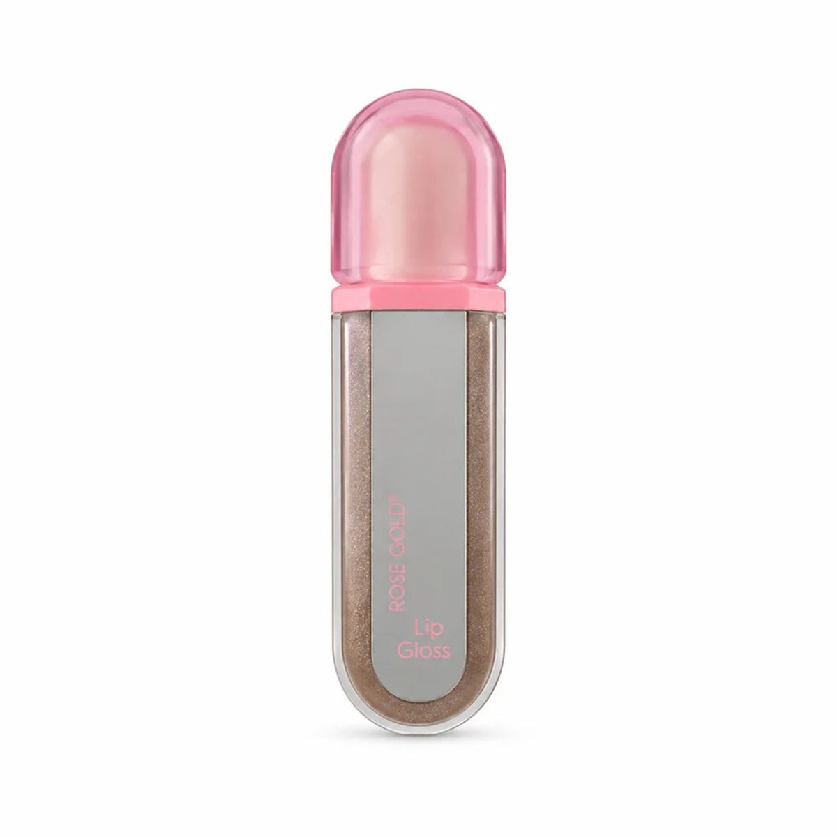 Marom shimmering rose gold lip gloss in a sleek travel-friendly tube with a pink cap for a high-shine finish.